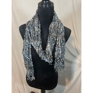 Womens Blue Bronze Metallic Ladder‎ Yarn Knit Scarf Textured Shimmer Boho